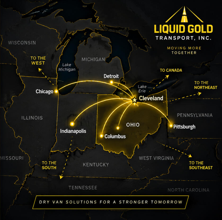 Liquid Gold Transport service area map showing dry van freight routes from Northeast Ohio to Cleveland, Columbus, Pittsburgh, Detroit, Indianapolis, and Chicago