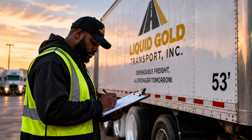 Commercial truck driver completing a freight inspection beside a Liquid Gold Transport 53-foot dry van.