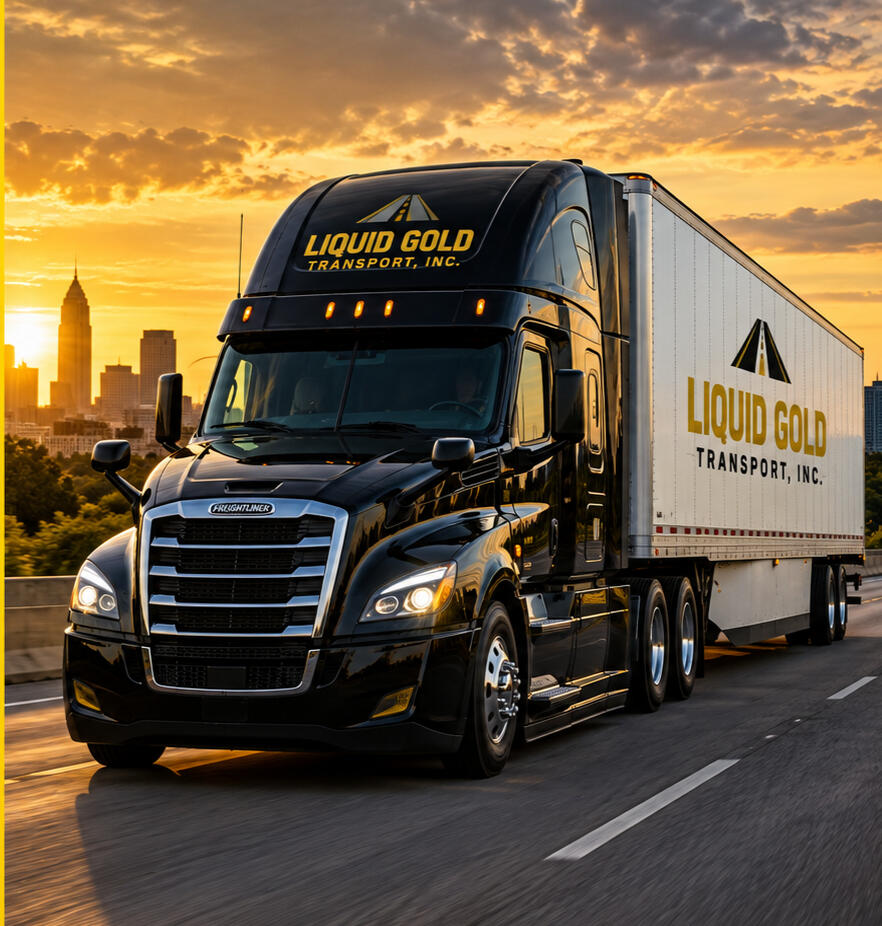 Liquid Gold Transport semi truck hauling a 53-foot dry van trailer.