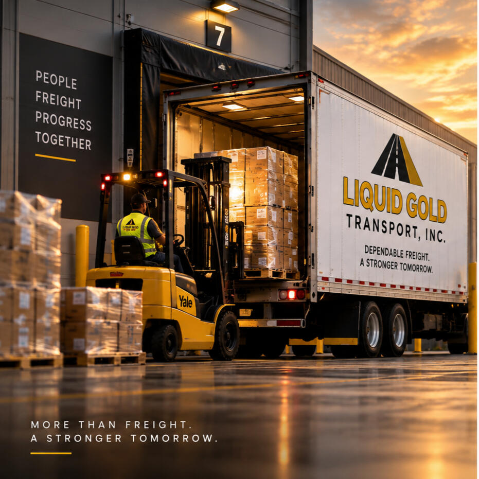 Palletized freight being loaded into a Liquid Gold Transport 53-foot dry van trailer at a warehouse dock.