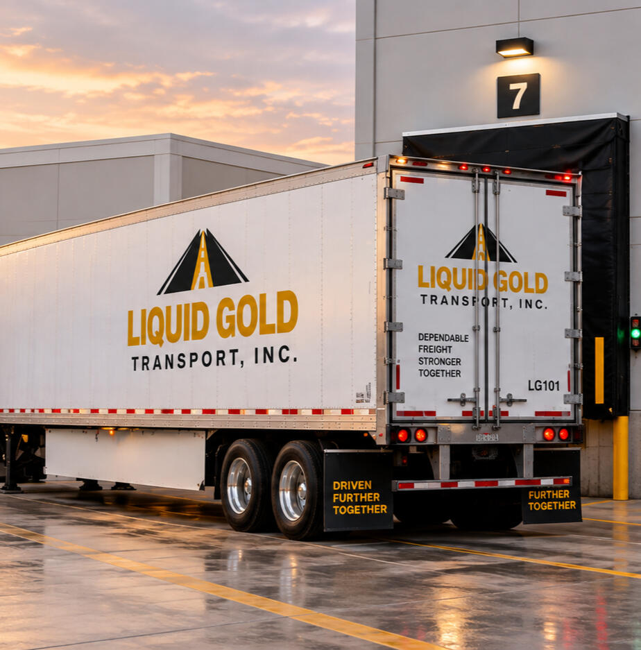 Liquid Gold Transport 53-foot dry van trailer with swing doors at a loading dock.